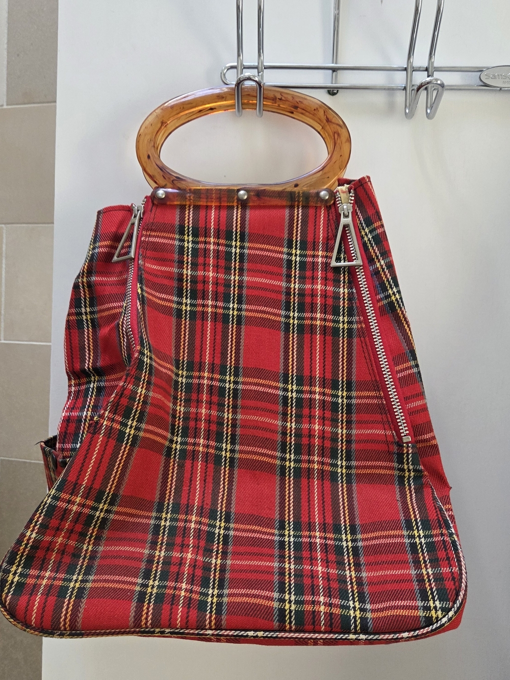 Red Plaid Tote Bag with Tortoiseshell Handles